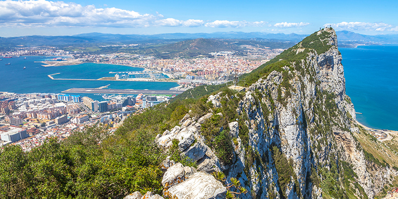 Aerial view of top of Gibraltar Rock. Gibraltar is a territory of South West Europe which is part of the United Kingdom.